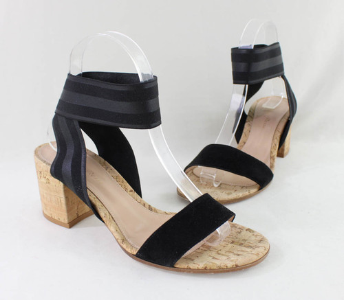 Gianvito Rossi Auth Black Suede Stretch Strap Cork Heel Shoe 37 1/2 7.5