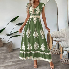 Womens Boho Maxi Dress V Neck Smocked Waist Summer Beach Sundress
