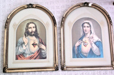 Vintage SACRED HEART OF JESUS  MARY in Gold  Cream Gesso Arched Frames 15 x 13