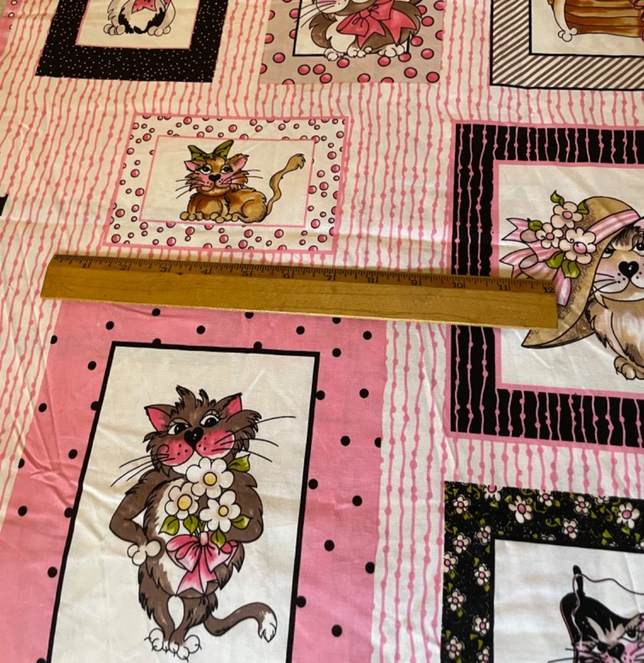 "Panel de tela de edredón de algodón rosa Loralie Fancy Cats raro - 23"" x 44""" Foto 3 de 4
