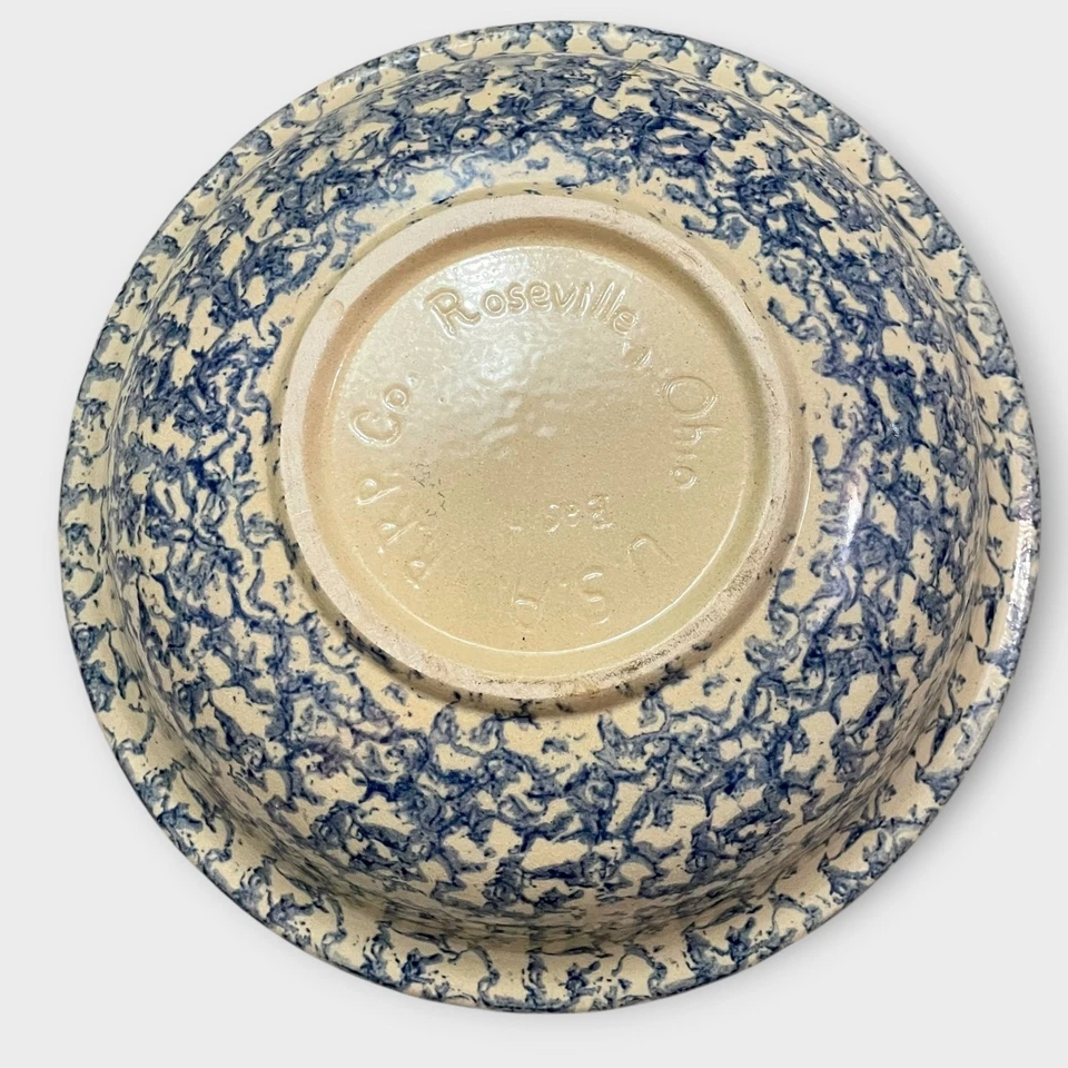 Cuenco de cerámica Robinson Ransbottom Roseville cuenco azul moteado esponja vintage Foto 3 de 4