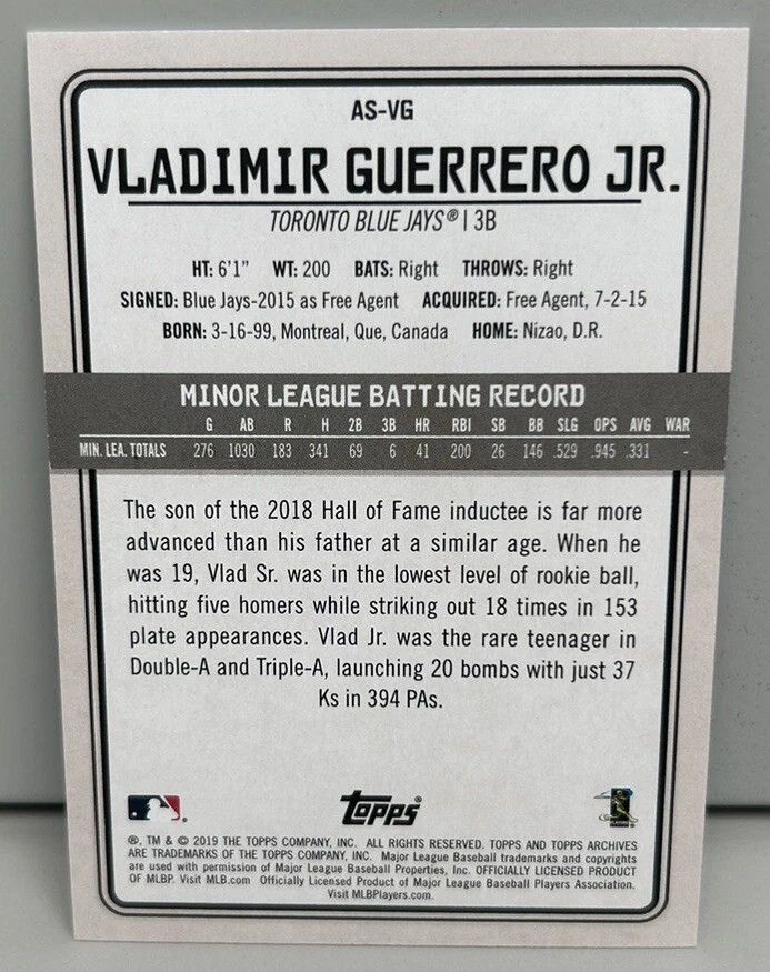 Vladimir Guerrero Jr. RC 2019 Topps Archives Snapshots #AS-VG - Blue 25/50 - Image 2 of 2