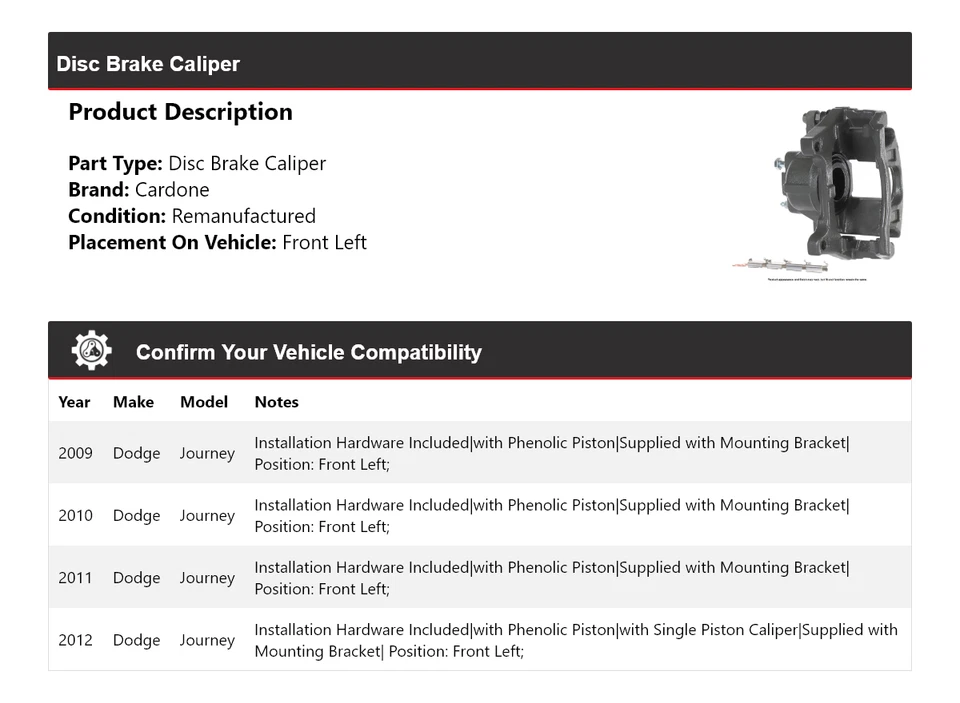 Pinza de freno de disco delantera izquierda Cardone 2010 2011 para Dodge Journey 2009-2012 Foto 2 de 4