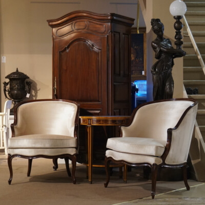 NO TARIFFS! Pair French Bergere Mahogany Carved Arm Lounge Chairs White Velvet