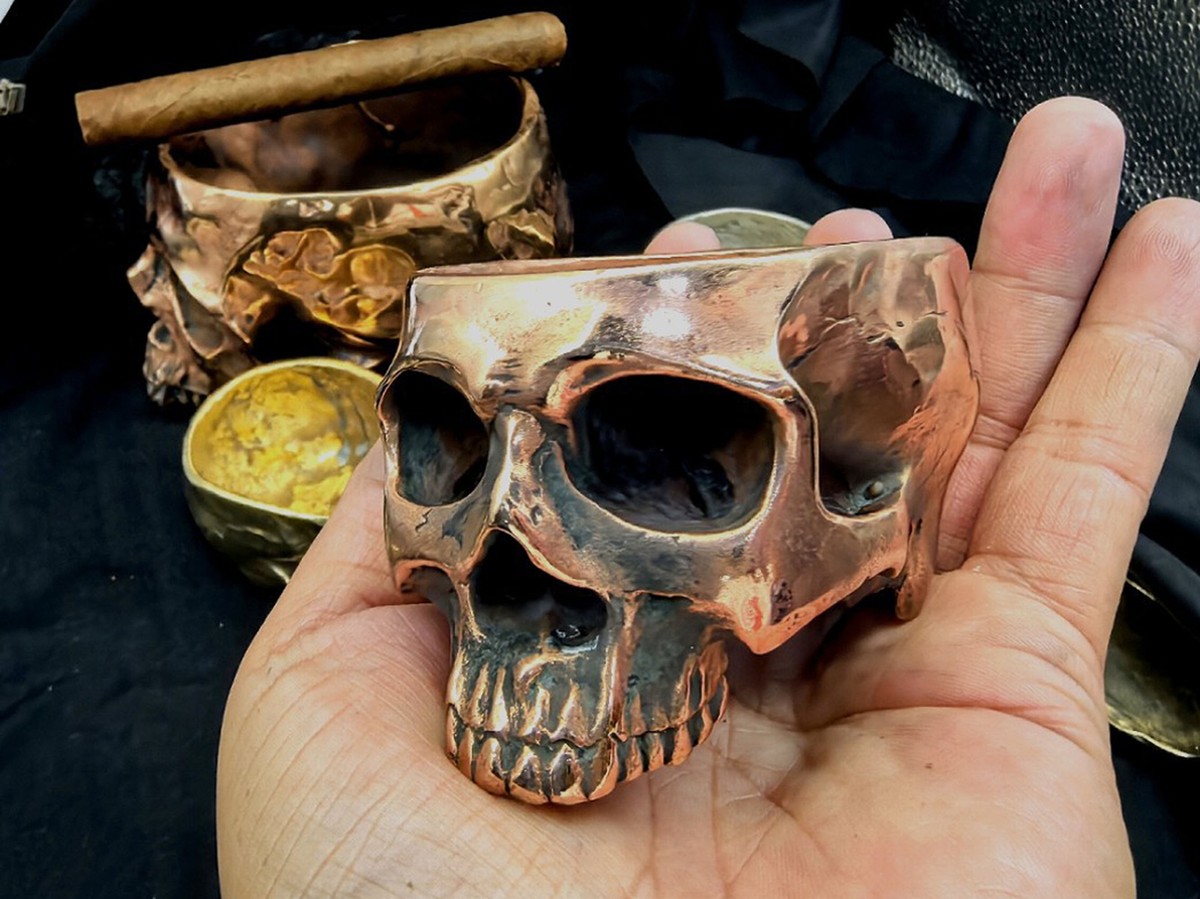 Small, Brass Copper Human Skull Ashtray,Desk Decor,Brass Art