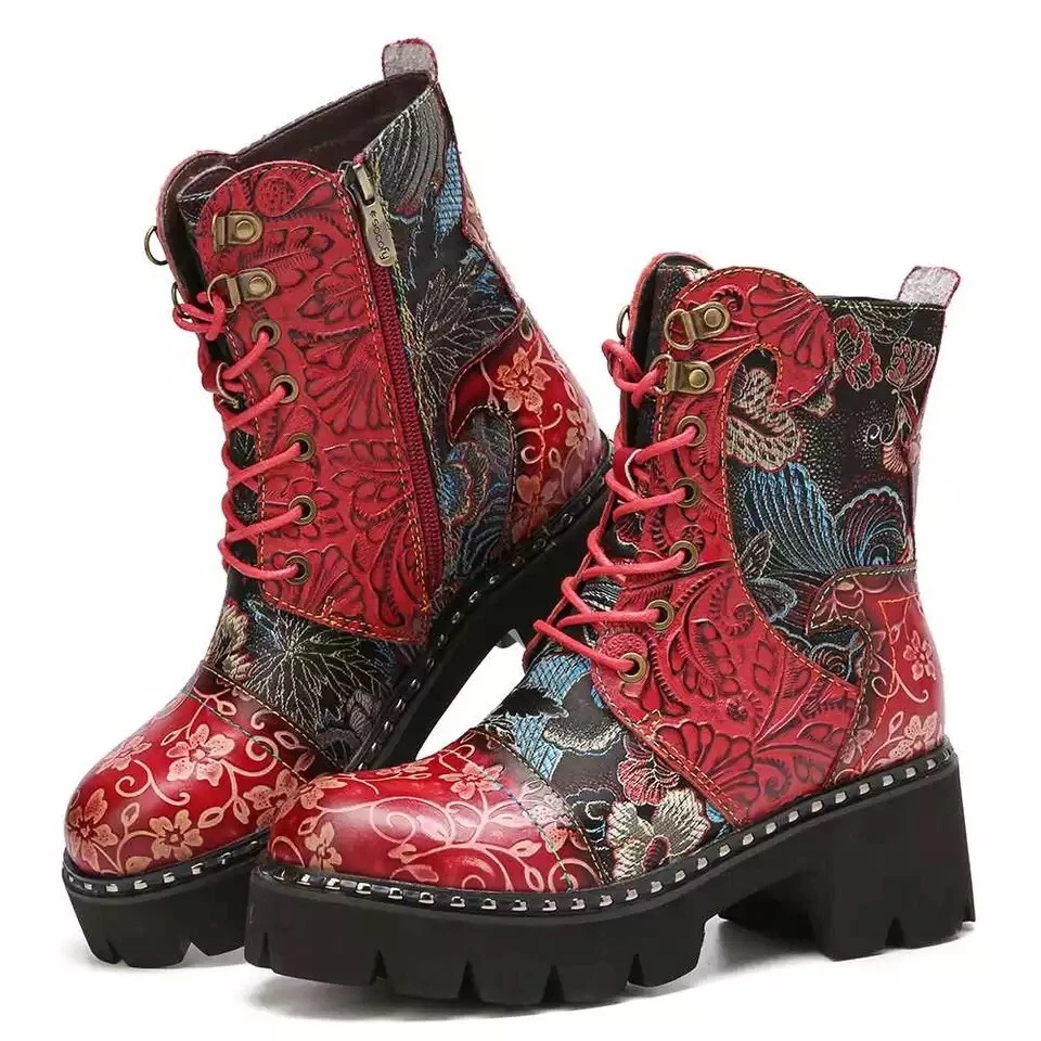 botas retro estampado floral rojo puntera plana redonda talla 8 bordado Foto 2 de 4