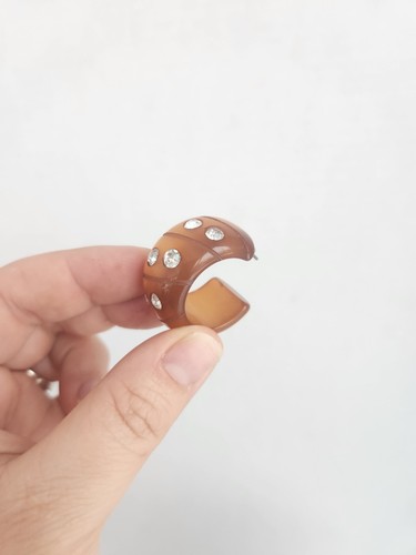 Truly Vintage Chunky Earrings Hoop Amber Lucite Carved Big Rhinestone Statement - Picture 7 of 8