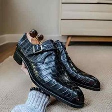 Men's Black leather shoes Handmade Black Leather Double Monk Strap Dress Shoes