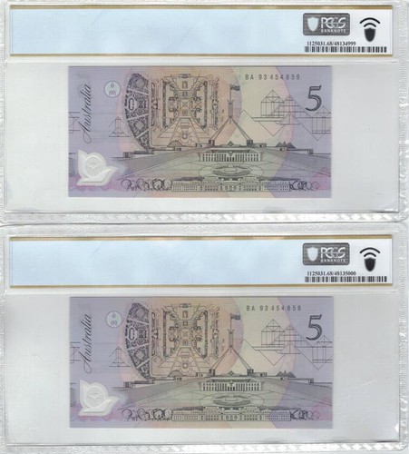 Consecutive Pair First Prefix BA93 1993 Fraser Evans $5 Banknotes PCGS 68 - Bild 2 von 2