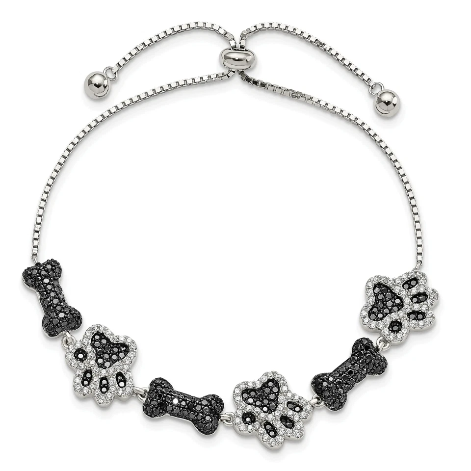 925 Sterling Silver CZ Paw Print Pet Dog Bone Adjustable Wrap Charm Bracelet - Image 2 of 4