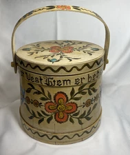 Vintage Rustic Primitive Folk Art Painted Firkin Basket Sugar Bucket w/ Handle