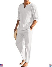 Men's 2-Piece Cotton Linen Set, Henley Shirt Casual Beach Pants, Summer Outfit