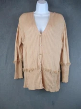 Escada Sweater Womens 44 Beige Ribbed Button Cardigan Italy Fringe Knit Trim
