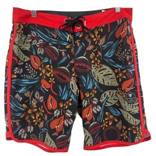 VISSLA Mens Board Shorts Tropical Floral Print Red Trim Size 32 Swim Surf