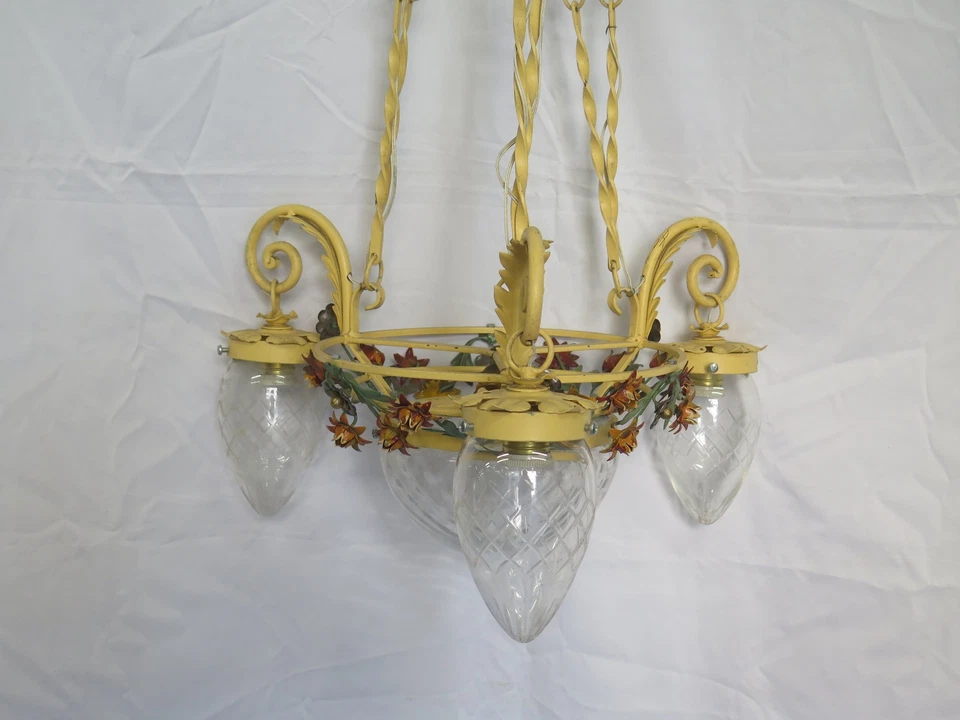 Lustre Style Floréal Art Nouveau En Fer Forgé Vintage Fleurs Verre B28 - Photo 4/4
