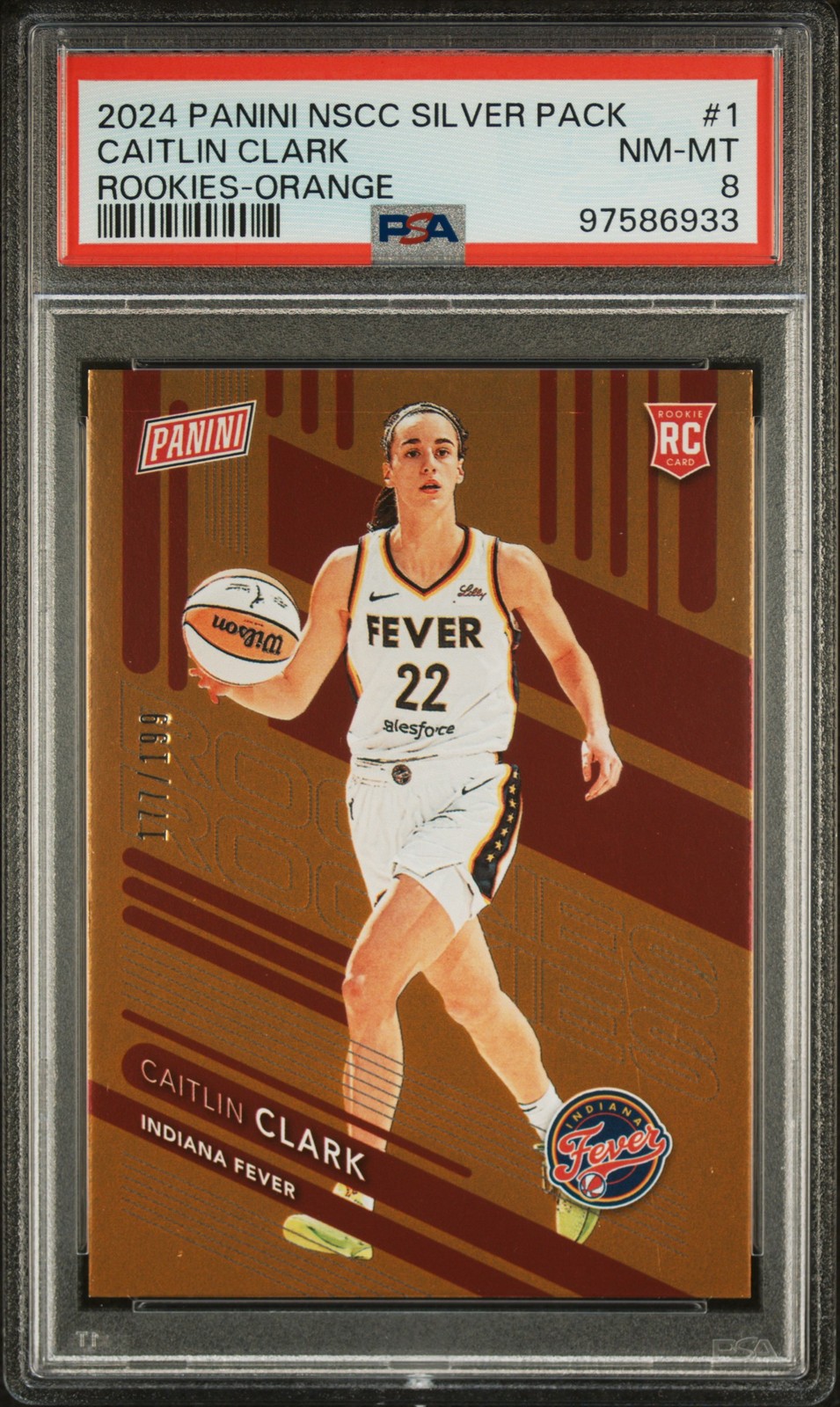 2024 PANINI NSCC ROOKIES ORANGE #1 CAITLIN CLARK RC 177/199 PSA 8 view 1