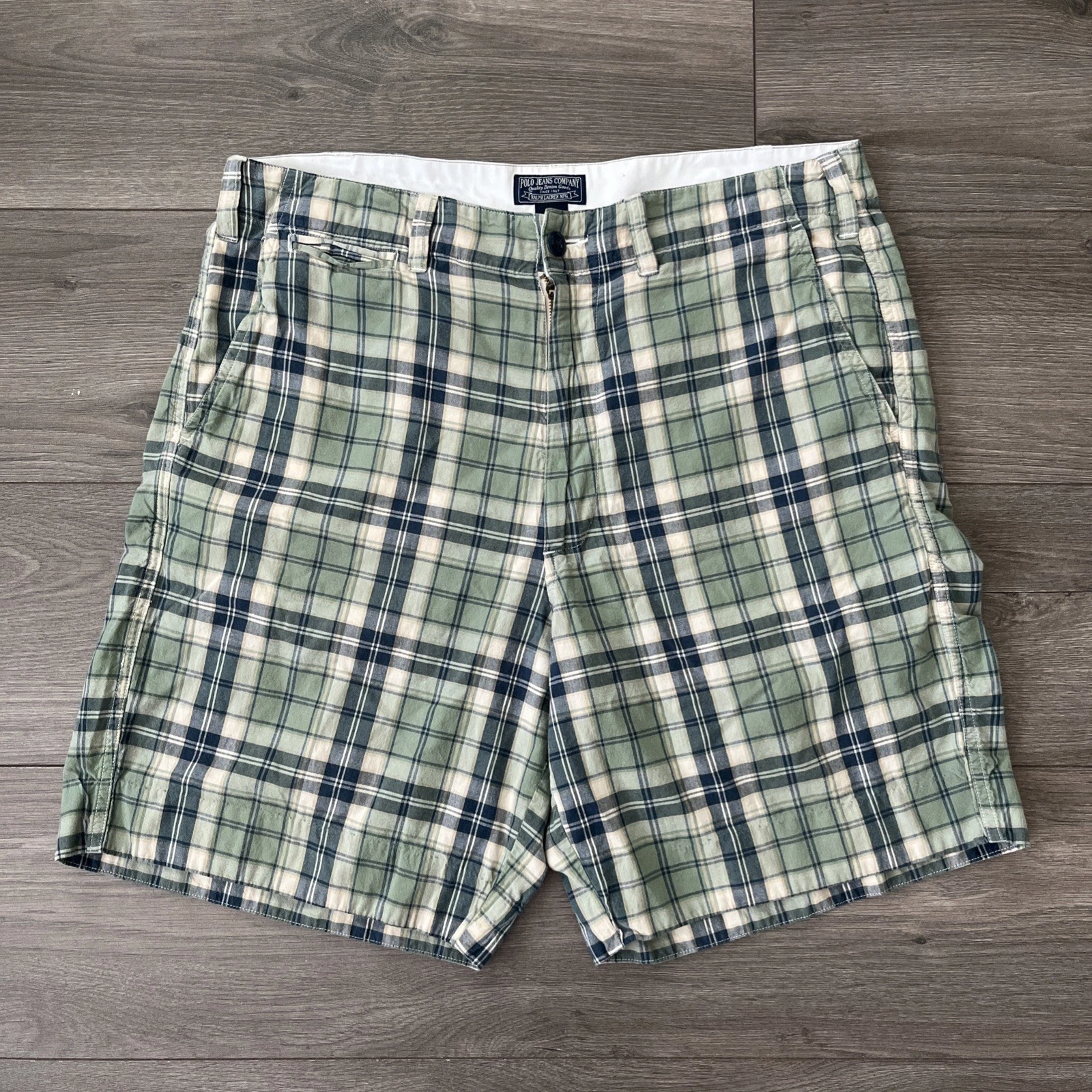 Polo Jeans Company Mens Sz 34 Plaid Shorts Green Blue Cream