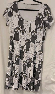 Sailor Moon Luna Artemis Black White Graphic Print Overall Dress XL Scoop Neck
