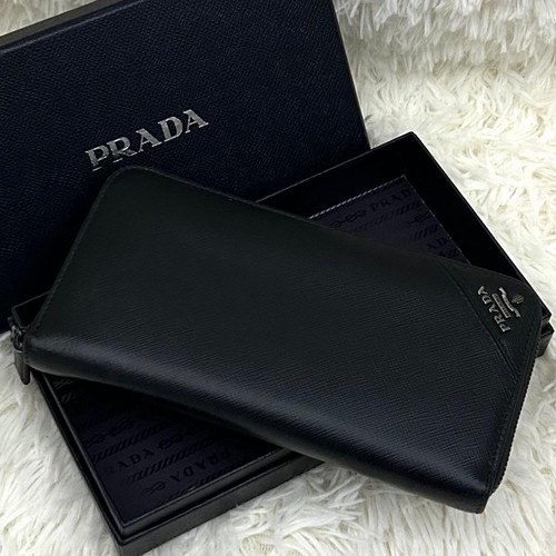 Prada Long Wallet Round Zipper Saffiano Black Used