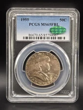 1955 Ben Franklin Silver Half Dollar 50C PCGS MS65FBL Full Bell Lines CAC Green