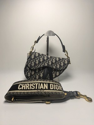 Christian Dior Oblique Saddle Bag Black Canvas Leather Gold Hardware Auth