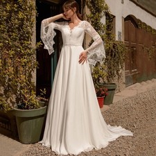 Chiffon Wedding Dress Flare Long Sleeve V-Neck with Belt Floor Length Bride Gown