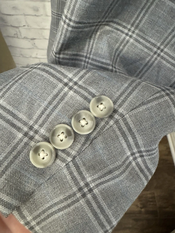 Shaquille O’Neal XLG 58L Suit Sport Coat Jacket Gray Blue Windowpane Plaid - Image 4 of 4