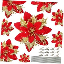 12 PCS Poinsettias Artificial Christmas Flowers 5.5" Glitter Gold Red