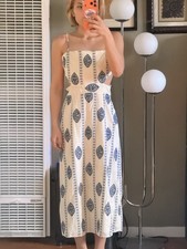 White Blue Floral Midi Dress Cut-Out Sleeveless Strappy Square Neck Casual