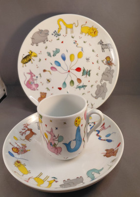 Children's Birthday 3-Piece Setting Vista Alegre Portugal Plate, Bowl, Cup EXC