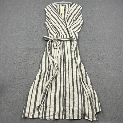 NEW Evereve Clara Wrap Dress Women's Large White Striped Linen V-Neck Tie  Midi | eBay