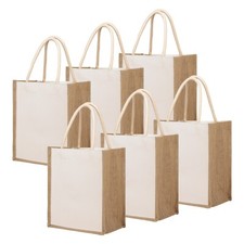 6 PCS Cotton Canvas Tote Bags with Burlap Sides, Reusable Grocery Shopping Bag