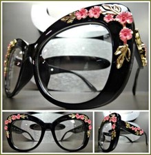 OVERSIZE VINTAGE RETRO Style Clear Lens EYE GLASSES Black Frame Gold Pink Floral