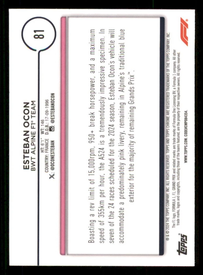 2024 Topps Chrome Formula 1 Pink RayWave Refractors #81 Esteban Ocon CAR /75 - Image 2 of 2