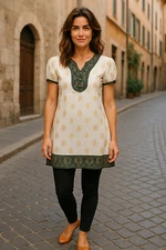 Women White with Golden Floral tunic Green and gold trim, Short Sleeves, Kurti.