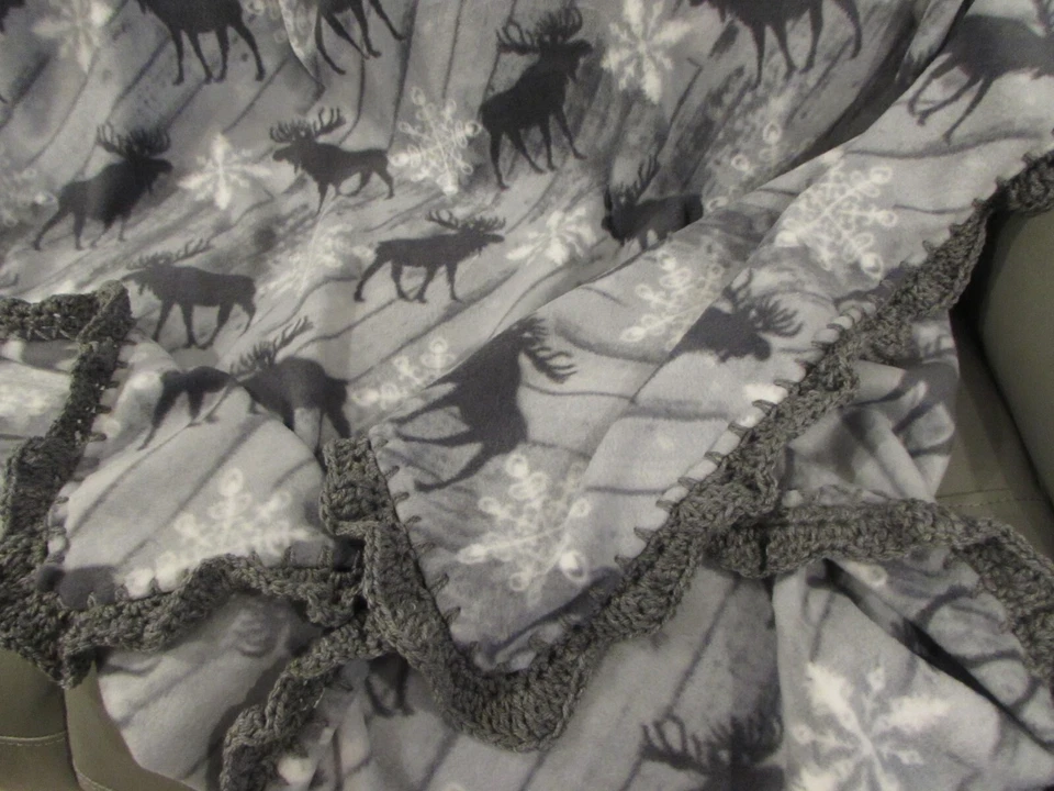 Elk Animal Snowflake Fleece Throw Blanket - Black, Gray with Crochet Edging - Image 4 of 4