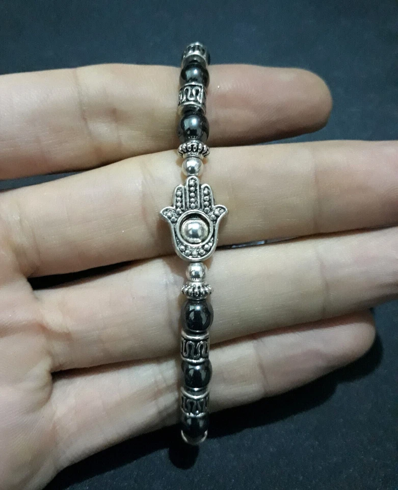 Bracciale Hamsa Hand Evil Eye Ematite Cordoncino metallico Fatto a mano in... - Immagine 4 di 4