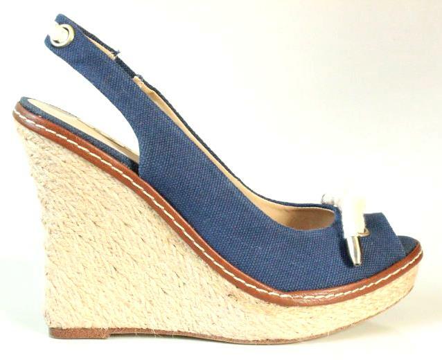 new $358 EXE 'Rosa' navy blue canvas platforms braided rope wedges