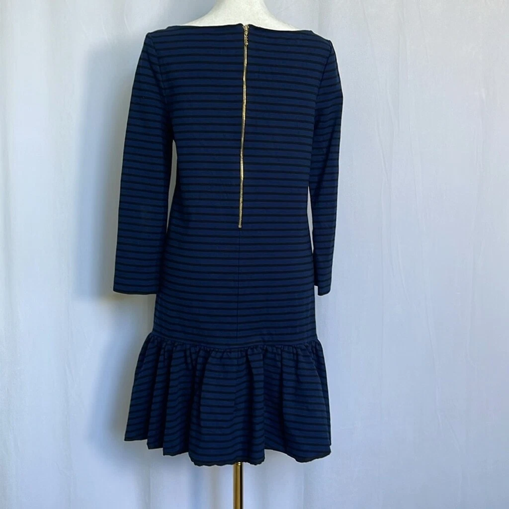 Abito Kate Spade vita scesa taglia 8 blu nero a righe maniche lunghe orlo arricciato