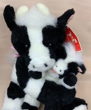FAO Schwarz Plush Cow and Baby Stuffed Animal Black White 15 Pink Bow