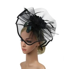 STUNNING BLACK CRINOLINE AND FEATHER FASCINATOR ON HEADBAND, SPRING RACES