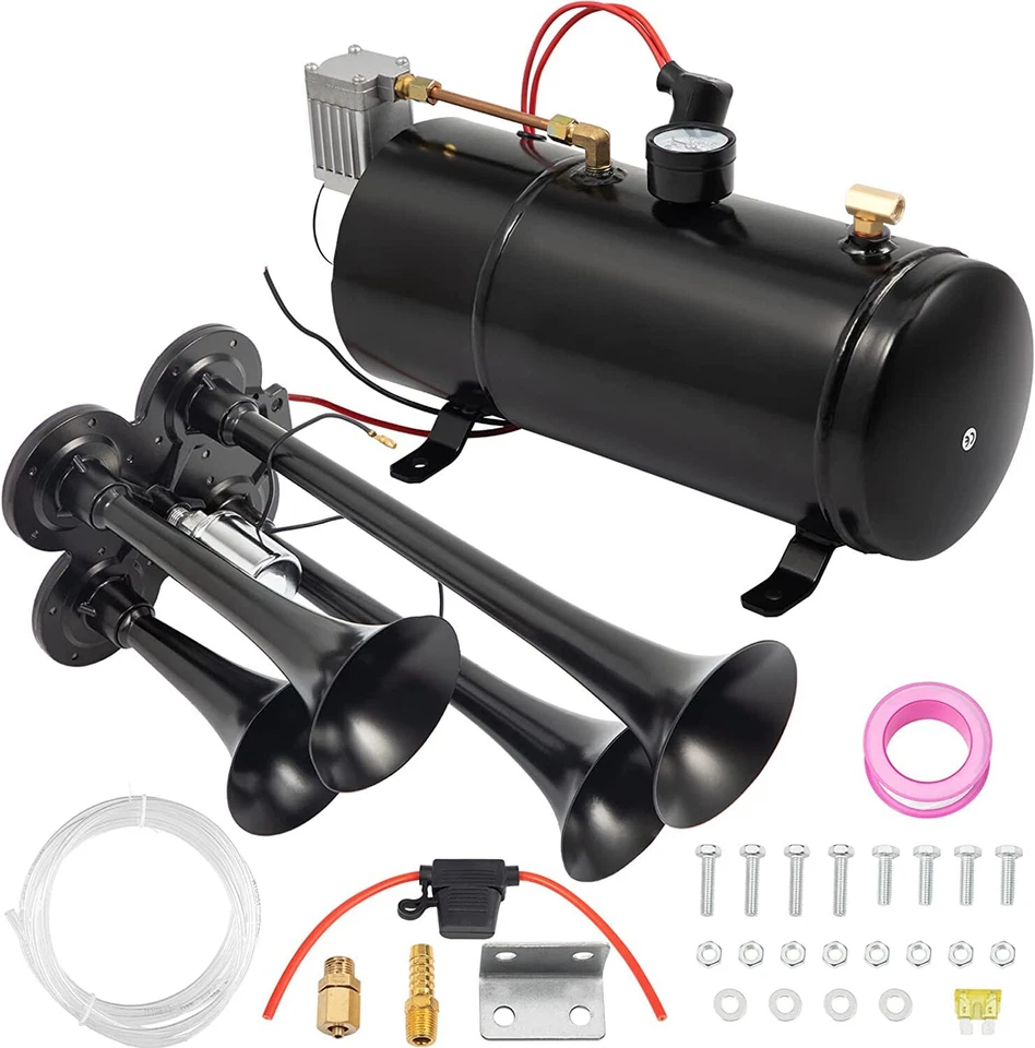 Air Horn Truck Train Horns Kit 12 Volt with Air Compressor 4 Trumpet 150db Black - Image 3 of 4