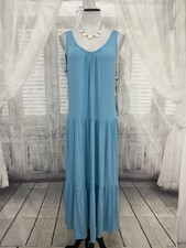 Calvin Klein Size 14 Solid Blue Sleeveless Midi Pocket Casual Pullover Dress B38