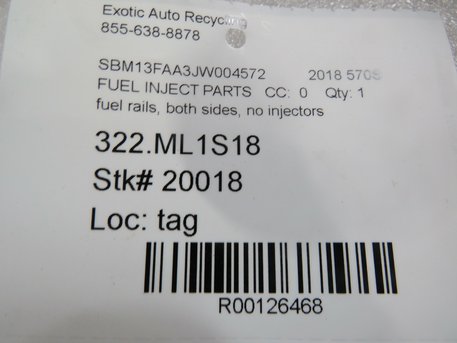 McLaren 570S, Fuel Rails, Both Sides, w/o Injectors, Used 