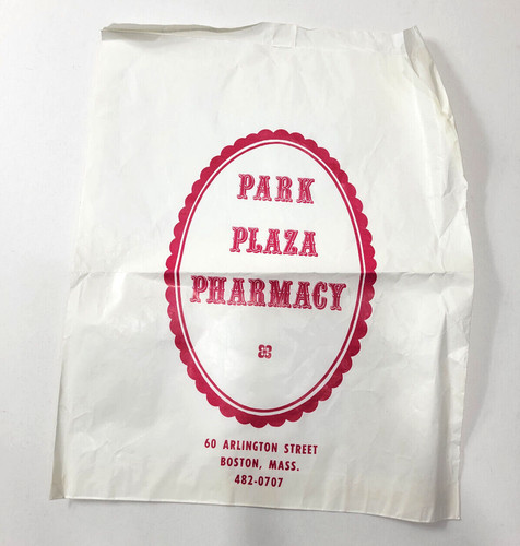 Vintage Park Plaza Pharmacy Paper Bag 60 Arlington Street Boston Mass. 482-0707