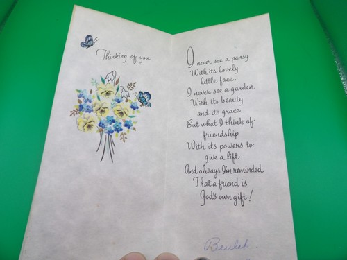 Vintage Friend Card 1960 Parchment Card - Buzza Cardozo - Pansies, Butterflies - Picture 2 of 3