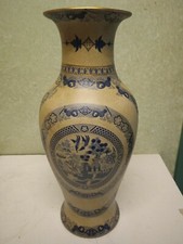 Vaso in ceramica Cinese Decorato a mano BEIGE Blu E Oro Effetto Screpolato h46