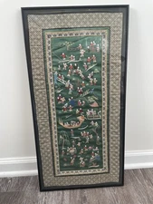 100 Children Playing Framed Chinese Hand Stitch Embroidery on Silk Green 27x14”