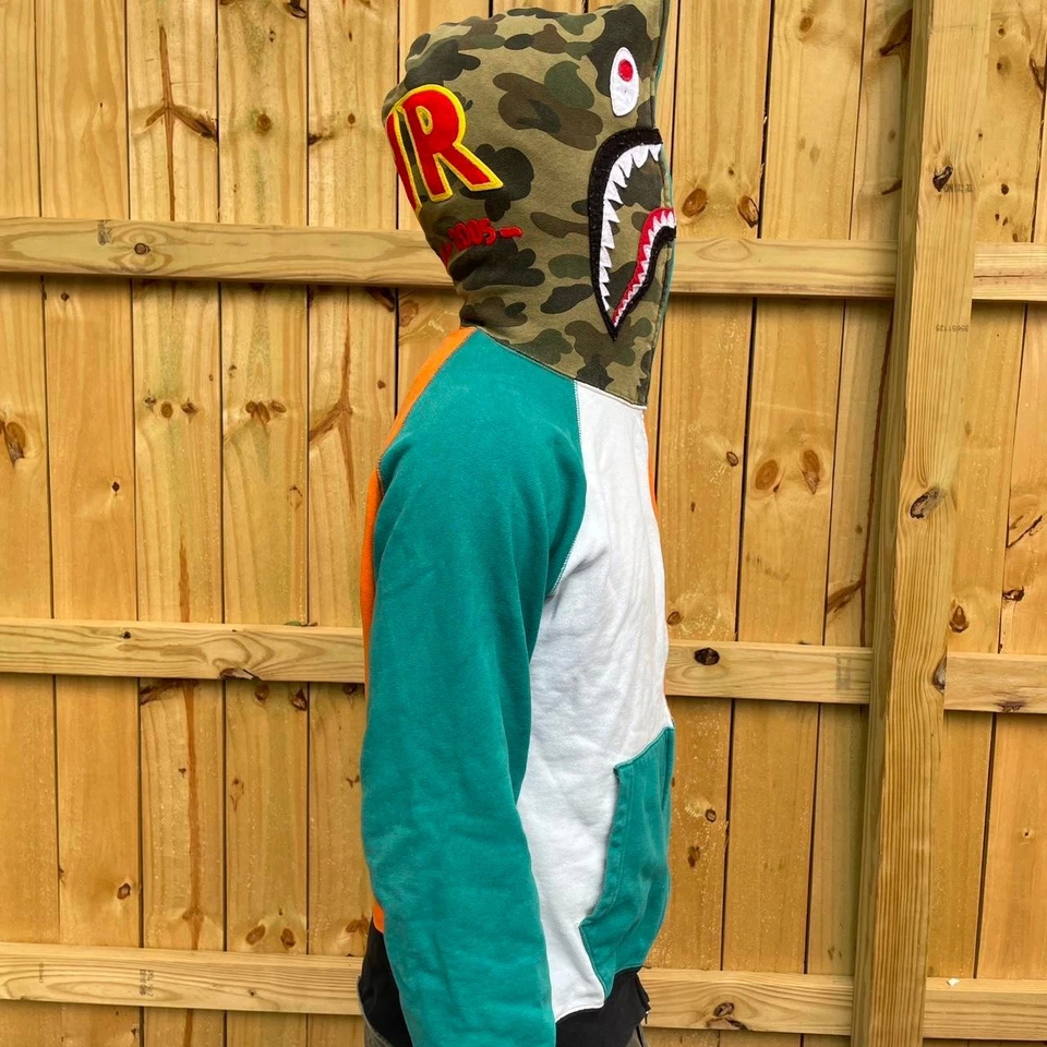 Sudadera con Capucha Bape Shark PONR Patchwork Color Loco Camuflaje Verde azulado y naranja Grande Rara Foto 2 de 4