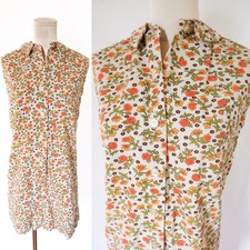 1950s 50s Cream Orange Floral Sleeveless Romper Jumpsuit Playsuit SM